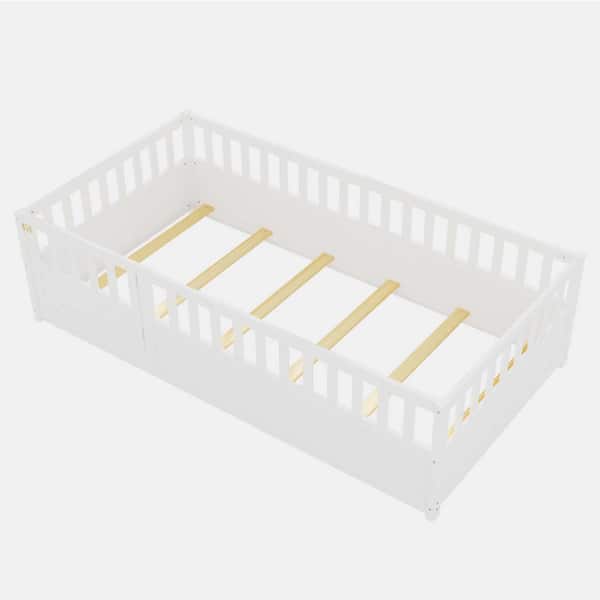 White Wood Frame Twin Size Platform Bed with Super High Security Barrier, Door