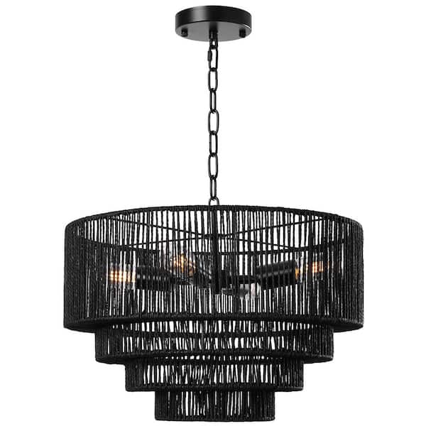 LamQee 19.7 in. 4-Light 4-Tier Black Hand-Woven Rattan Chandelier with Closed Weave Shade