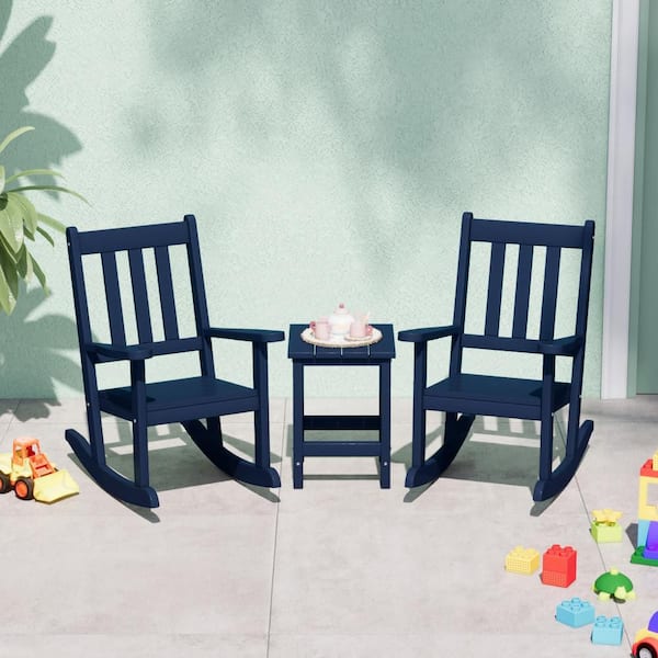 Children's Laguna Navy Blue Patio All Weather Kids Poly Plastic Outdoor Rocking Chair w/ Side Table Set