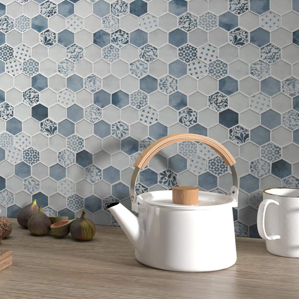 Blue and White Hexagon Recycled Glass Mosaic Tile