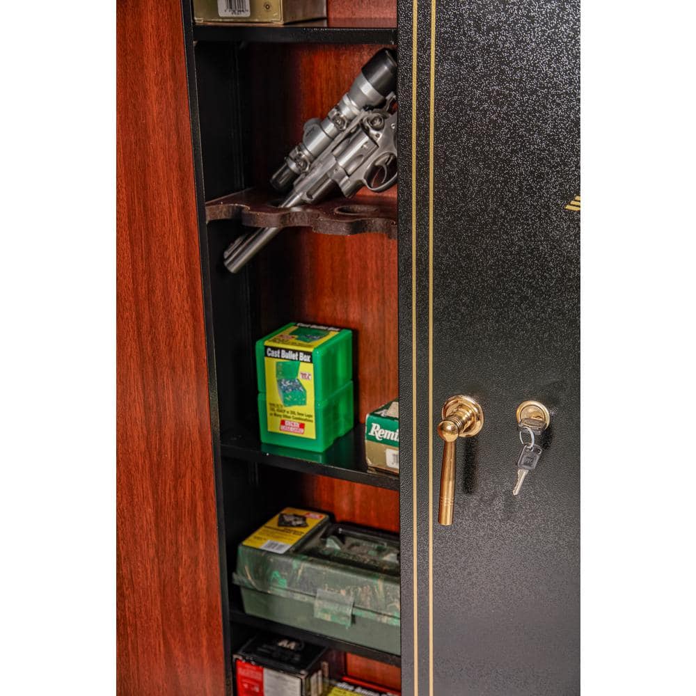 Classic 16-Gun Black and Woodgrain Metal Safe with Key Lock