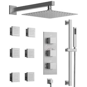 Thermostatic Valve 5-Spray Wall Mount 12 in. Fixed and Handheld Shower Head 2.5 GPM in Brushed Nickel
