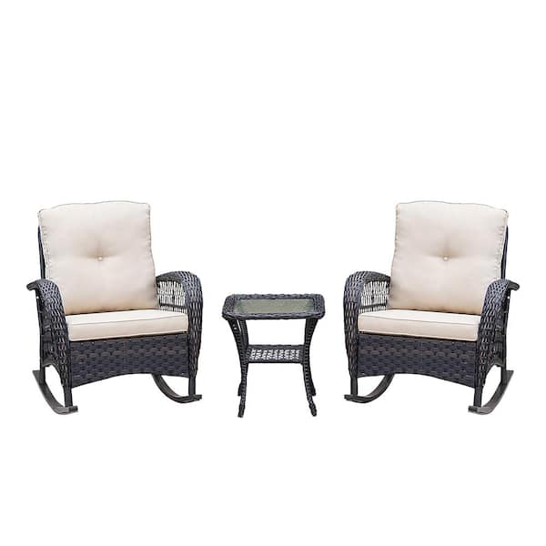 Maypex Dark Brown 3-Piece Wicker Rocking Patio Conversation Set with Beige Cushions