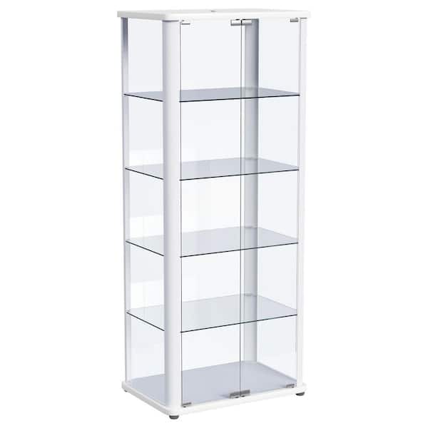 Aero 64.25 in. Tall White and Clear Glass 4-Shelf Accent Bookcase Curio Cabinet with LED Lighting