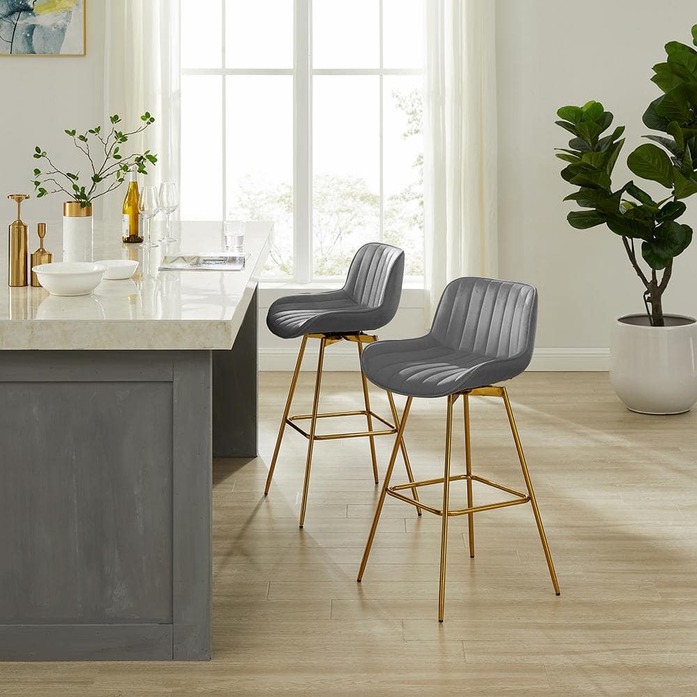 Luxurious Gray Velvet & Gold-Plated Swivel Bar Stool Set