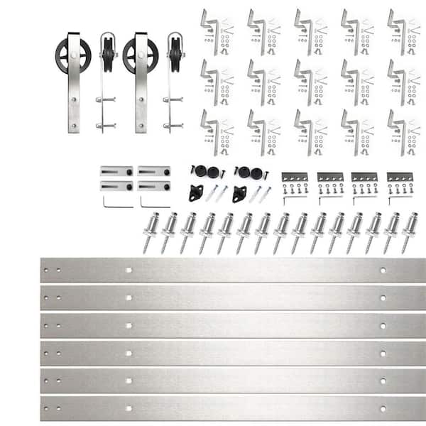 HOMACER 18 ft./216 in. Brushed Nickel Double Track Bypass Z-Shape Sliding Barn Door Hardware Kit - Spoke Wheel Design Roller