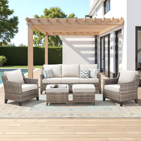 6-Piece Wicker Patio Conversation Set, Ergonomics Outdoor Chairs with Beige Cushions, Curved handrail