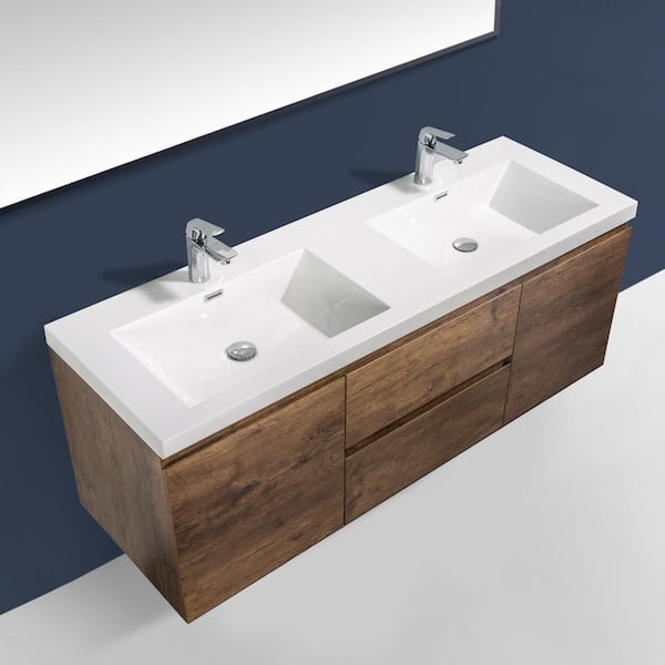 59.06 in.W x 19.69 in.D Wall-Mounted Bath Vanity in Rose Wood with white glossy Resin Top