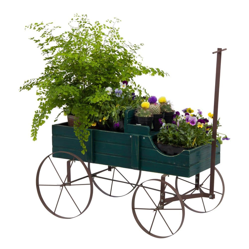 Green Cedar Wood Decorative Wagon Planter for Outdoor Plants