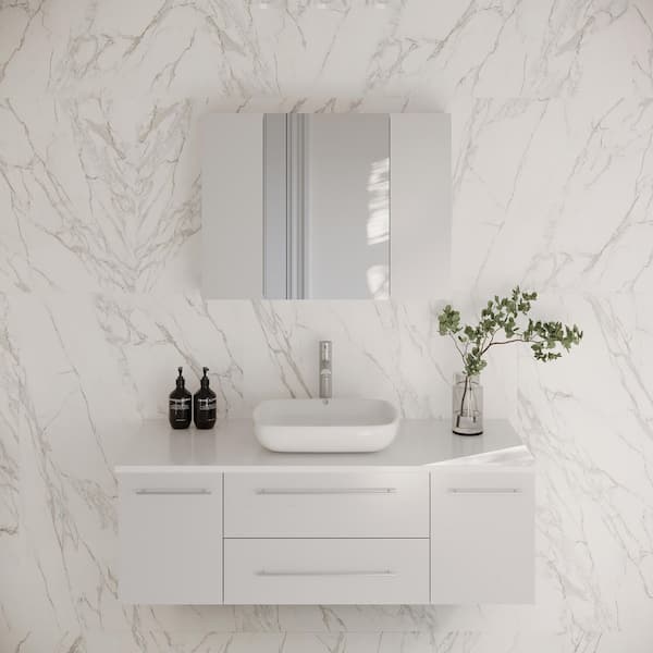 Fresca Lucera 48 in. Single Sink Wall Mount White Bath Vanity with White Quartz Top, Vessel Sink and Medicine Cabinet