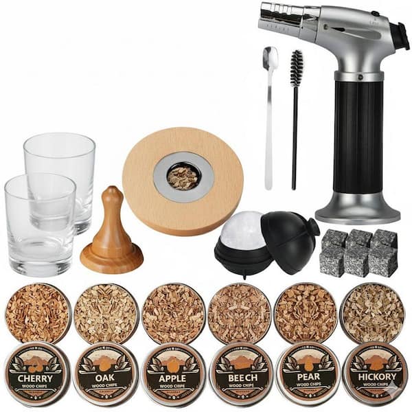 Oak Ebony Wood Whiskey Smoker Kit with Torch, 4 Flavors Wood Chips, Filter, Fits Most Glasses