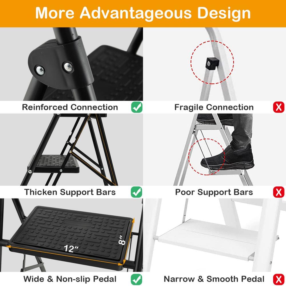 Black Metal Folding 3-Step Ladder with Anti-Slip Pedals