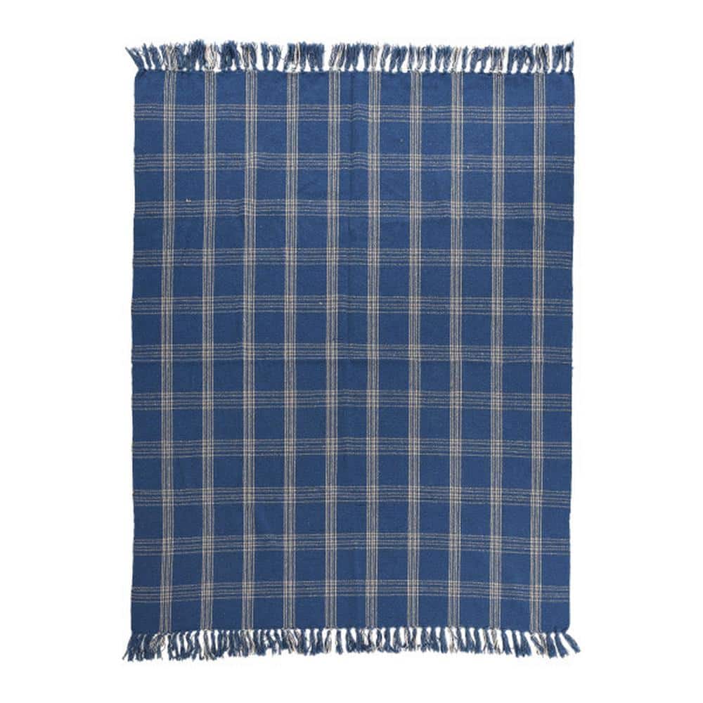 Blue Plaid Recycled Cotton Blend Throw Blanket with Fringe