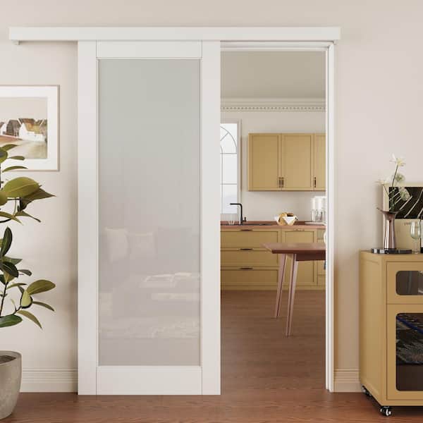 ARK DESIGN 32 in. x 80 in. Hidden Track Style 1 Lite Frosted Glass White Primed MDF Sliding Barn Door with Hardware Kit