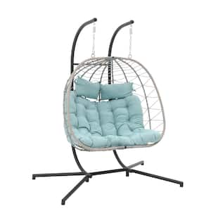 OC Orange Casual Beige Wicker Indoor Outdoor 2 Person Double Egg Swing Chair with Light Blue Cushions