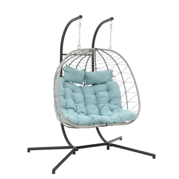 Freestyle Wicker Beige Indoor Outdoor 2-Person Double Porch Swing Egg Chair with Tiffany Blue Cushions