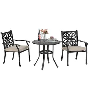 Brown 3-Piece Cast Aluminum Outdoor Dining Set with Round Table and Fixed Chairs with Beige Cushions