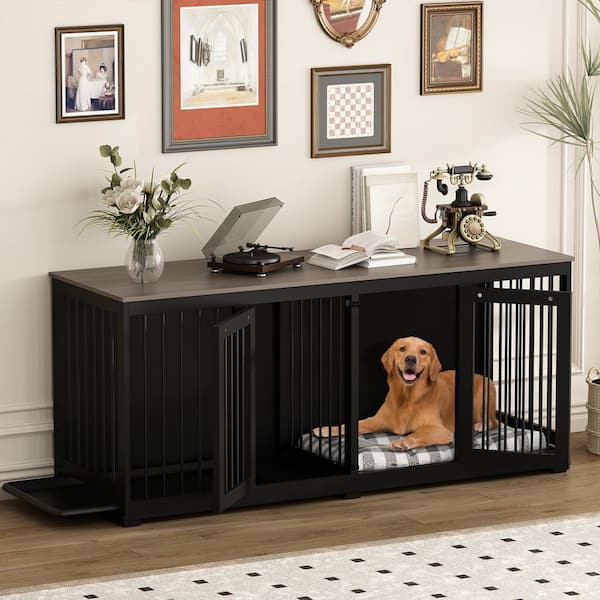 71 in. Heavy-Duty Wooden Dog Crate for 2 Dogs, Large Black Dog Crate Furniture w/Trays and Divider for Large Medium Dogs