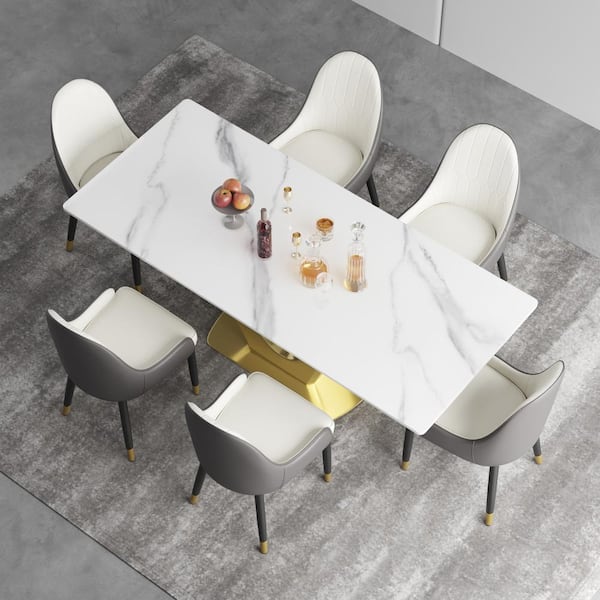 J&E Home 70.8 in. Gold Modern Rectangle Sintered Stone Tabletop Dining Table With Stainless Steel Base (Seats 8)