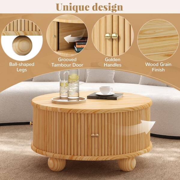 Nestfair 31.8 in. W Natural Round Wood Coffee Table with Storage