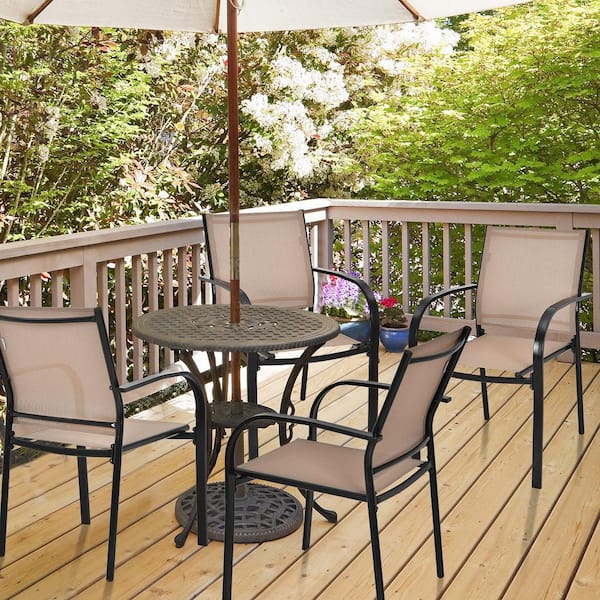 Black 4PCS Stackable Metal Outdoor Dining Chair with Armrests & Breathable Fabric in Brown