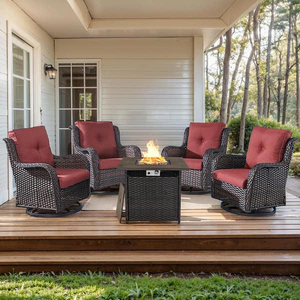moosprr Arcline 5-Piece Brown Wicker Fire Pit Conversation Set with Olefin Red Cushions and Swivel Glider Rocking Chairs