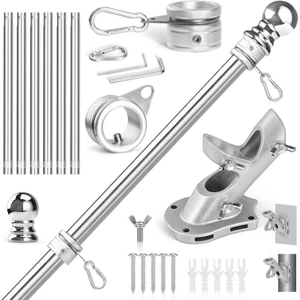 ATENGNES 7 ft. Sliver Stainless Steel Flag Pole with Metal Rotating Flag Pole Rings Clips, Holder Brackets Mounting Flag Pole Kit