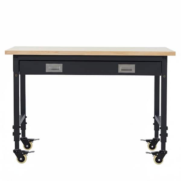 Heavy Duty 60 in. W x 22 in. D Black Steel Mobile Workbench with Rubberwood Top and Drawer, AC Outlets and USB Ports