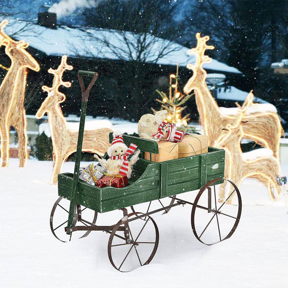 Green Fir Wood Wagon Planter with Metal Wheels
