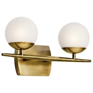Jasper 16.5 in. 2-Light Natural Brass Halogen Mid-Century Modern Bathroom Vanity Light with Etched Glass Shade