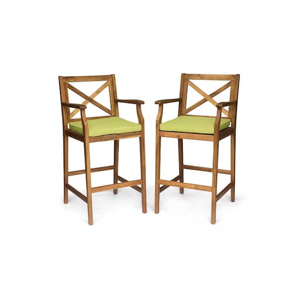 Perla Teak Brown Wood Outdoor Bar Stool with Green Cushion (2-Pack)