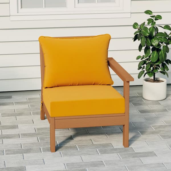 Birchwood Outdoor Patio Deep Seating Right Facing Arm HDPE Lounge Chair in Teak with Yellow Cushions