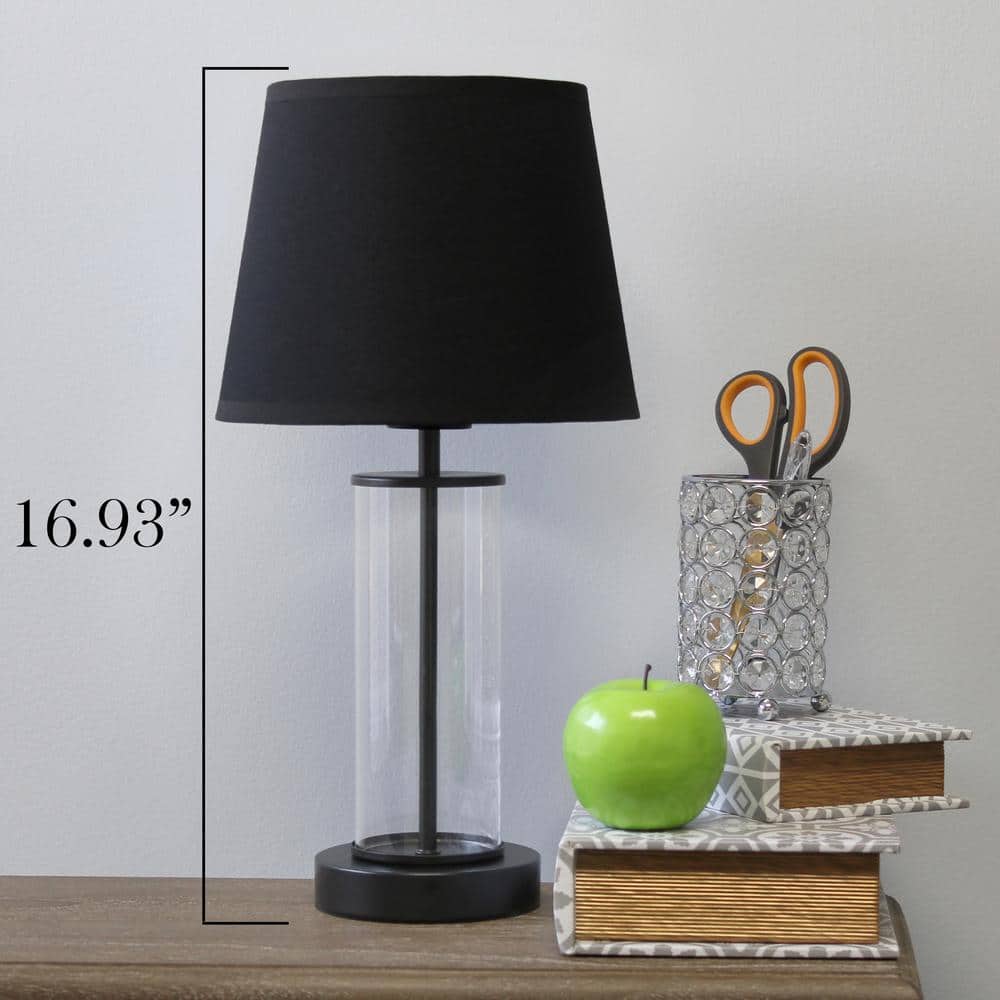 Black Metal and Clear Glass Table Lamp with Fabric Shade