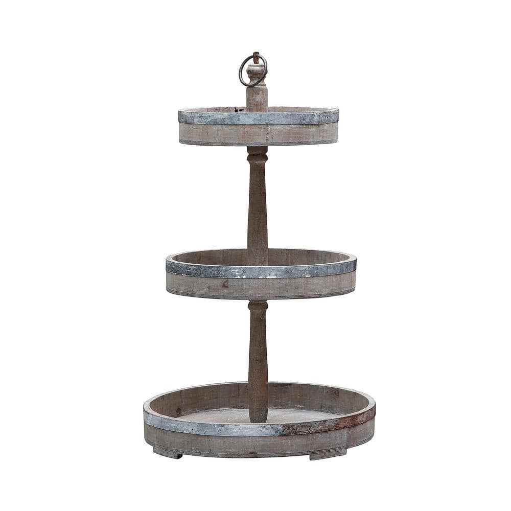 Grace 3-Tier Round Mango Wood & Tin Decorative Tray in Silver
