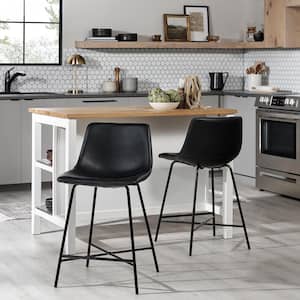 Modern 24 in. Black Low Back Metal Counter Stool Faux Leather Seat, Set of 2 Included