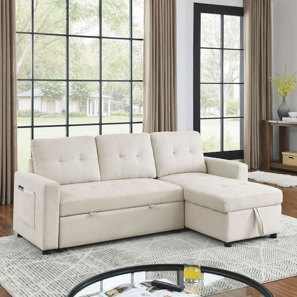 Beige 78.5 in. Reversible Polyester Full Size Sectional Sofa Bed with Storage Chaise and Side Pocket