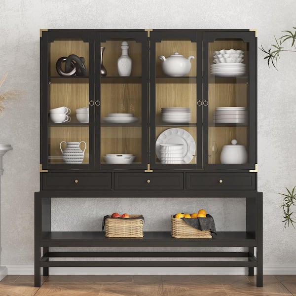 66.1 in. W Black Wood Kitchen Cabinet with 4 Glass Doors, 3 Drawers, Open Shelf, Glass Display Cabinet with Storage