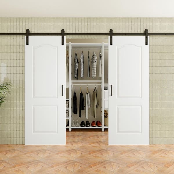 60 in. x 80 in. Arched 2 Panel Solid Core White Primed MDF Sliding Barn Door with Hardware Kit (without Soft Close)