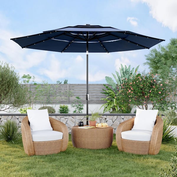 FUFU&GAGA 11 ft. 3-Tier Cantilever Umbrella with 32 Solar Lights, Outdoor Patio Umbrella for Backyard, Deck, Poolside in Navy Blue
