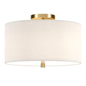 Ellis 16 in. Brass and White Semi Flush Mount with Fabric Shade