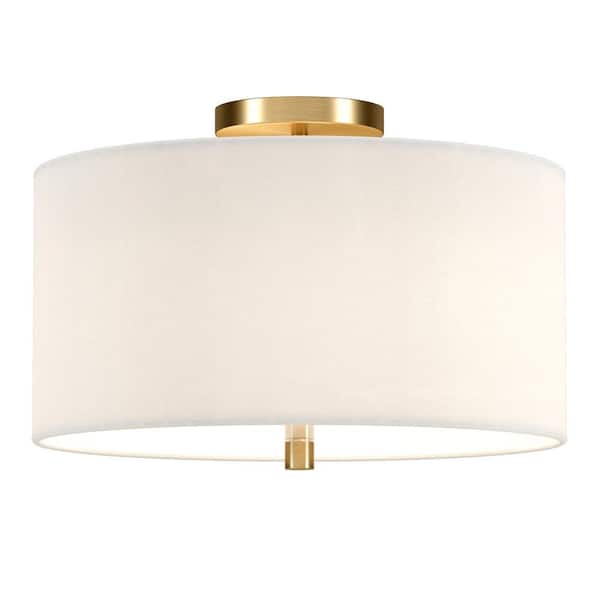 Ellis 16 in. Brass and White Semi Flush Mount with Fabric Shade