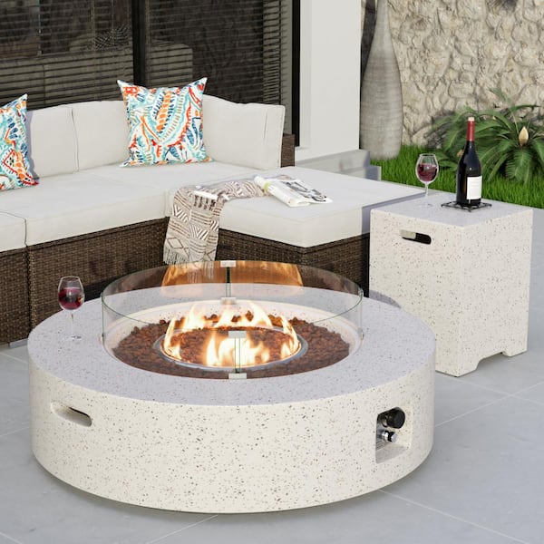 COSIEST Outdoor Propane Fire Pit Coffee Table, 28-inch Terrazzo Round Base  Patio Heater, 40,000 BTU Stainless Steel Burner, Free Lava Rocks
