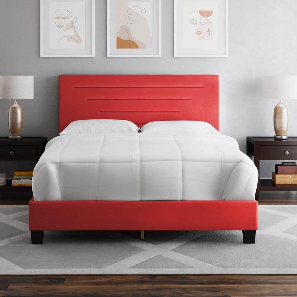 Luxembourg Red Faux Leather Queen Platform Bed with Upholstered Headboard