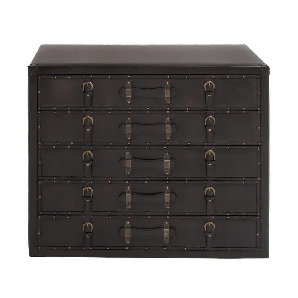 Black Wood Vintage Faux Leather Chest with Buckles and Straps