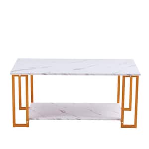 White MDF Rectangle Metal Outdoor Coffee Table with 2-Layers 1.5 cm Thick Marble 39.37 in. L Tabletop and Gold Leg