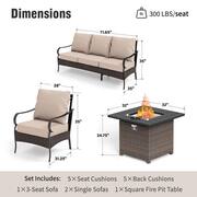 Black Rattan 4-Piece Steel Outdoor Patio Conversation Set with Beige Cushions & Square Wicker Fire Pit Table