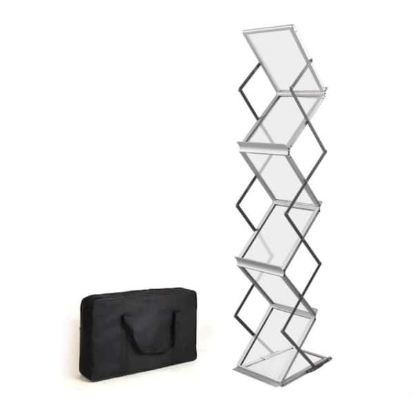 Foldable 6-Pocket A4 Magazine Rack – Silver, Freestanding,  Aluminum Metal，13.8 in. x 9.84 in. x 59 in.