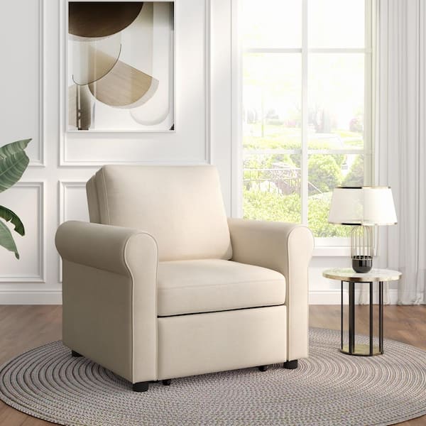 J&E Home 66 in. W Beige Linen Adjust Backrest  3-in-1 Sofa Bed Chair