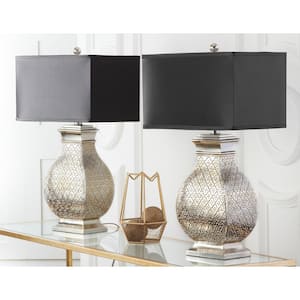Malaga 30 in. Antique Silver Hammered Metal Table Lamp with Satin Black Shade (Set of 2)