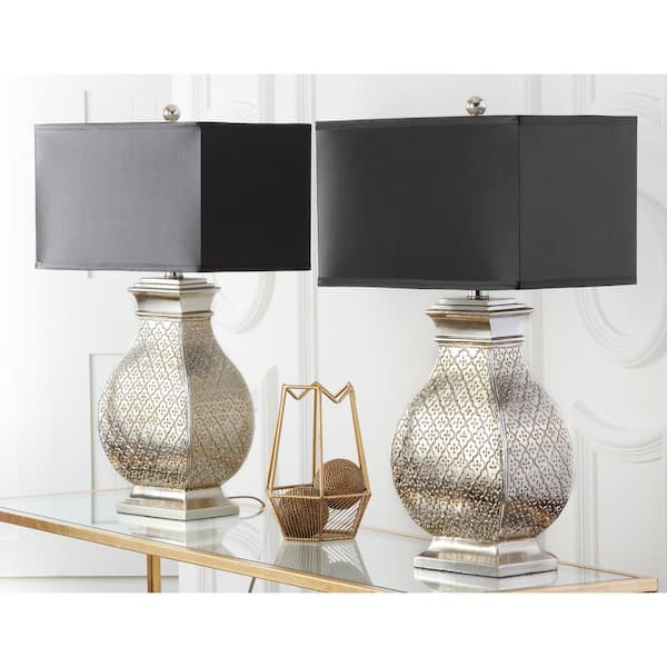 Malaga 30 in. Antique Silver Hammered Metal Table Lamp with Satin Black Shade (Set of 2)